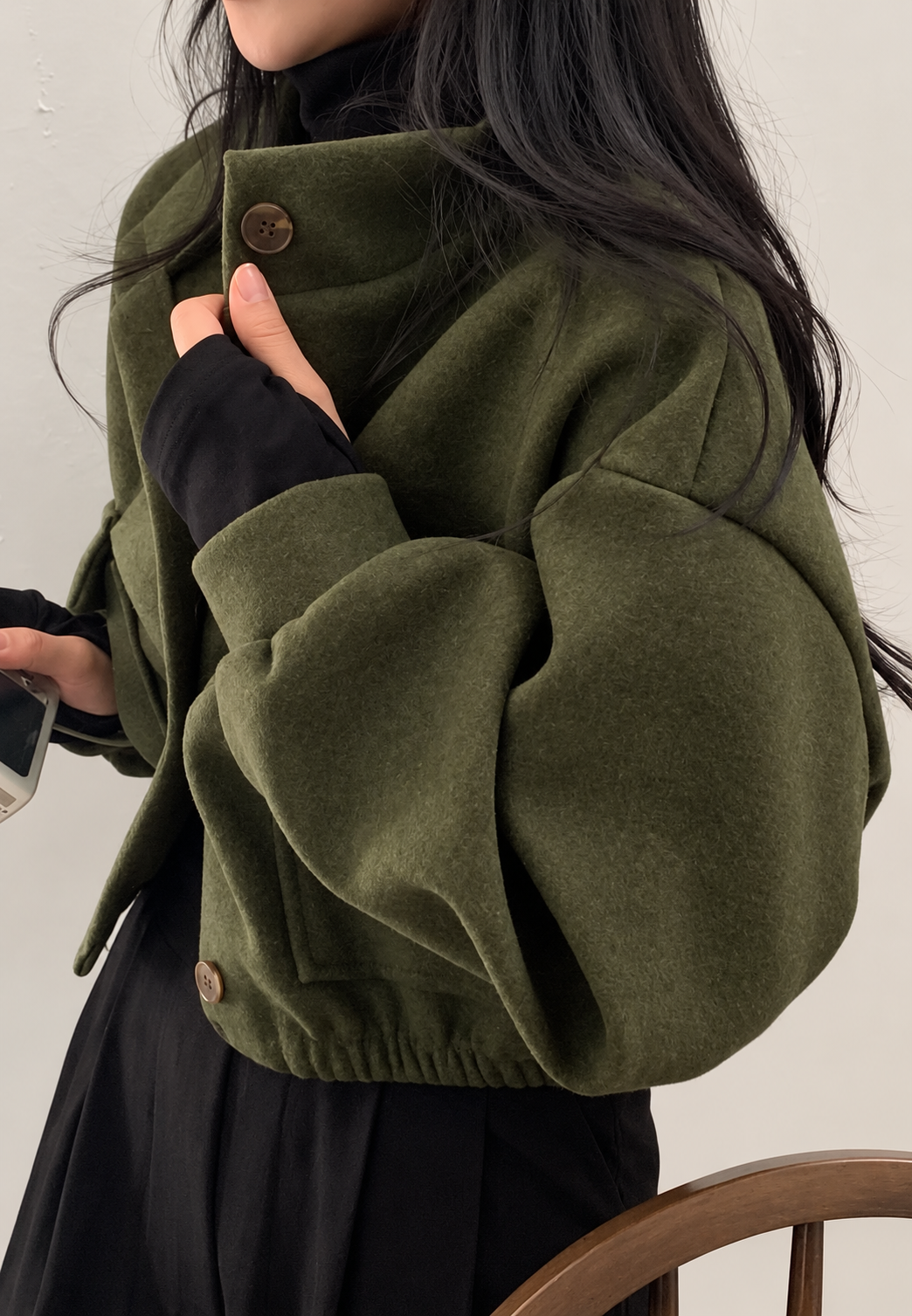 Veste courte femme col montant boutons manches larges - Aveline