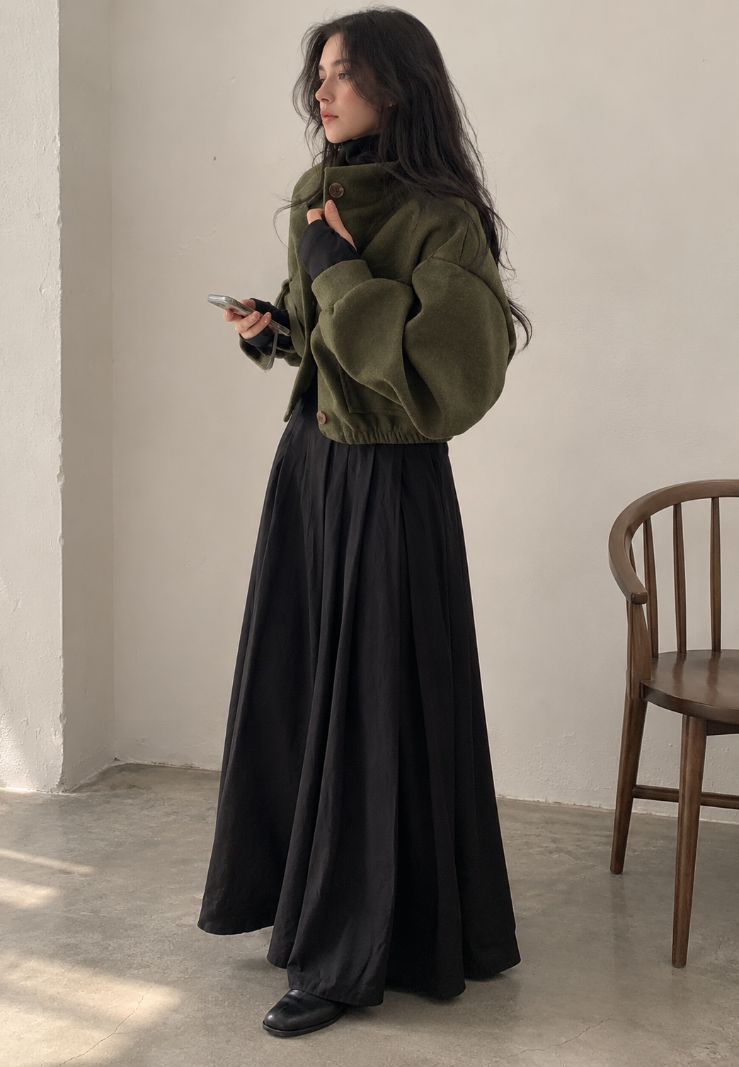Veste courte femme col montant boutons manches larges - Aveline
