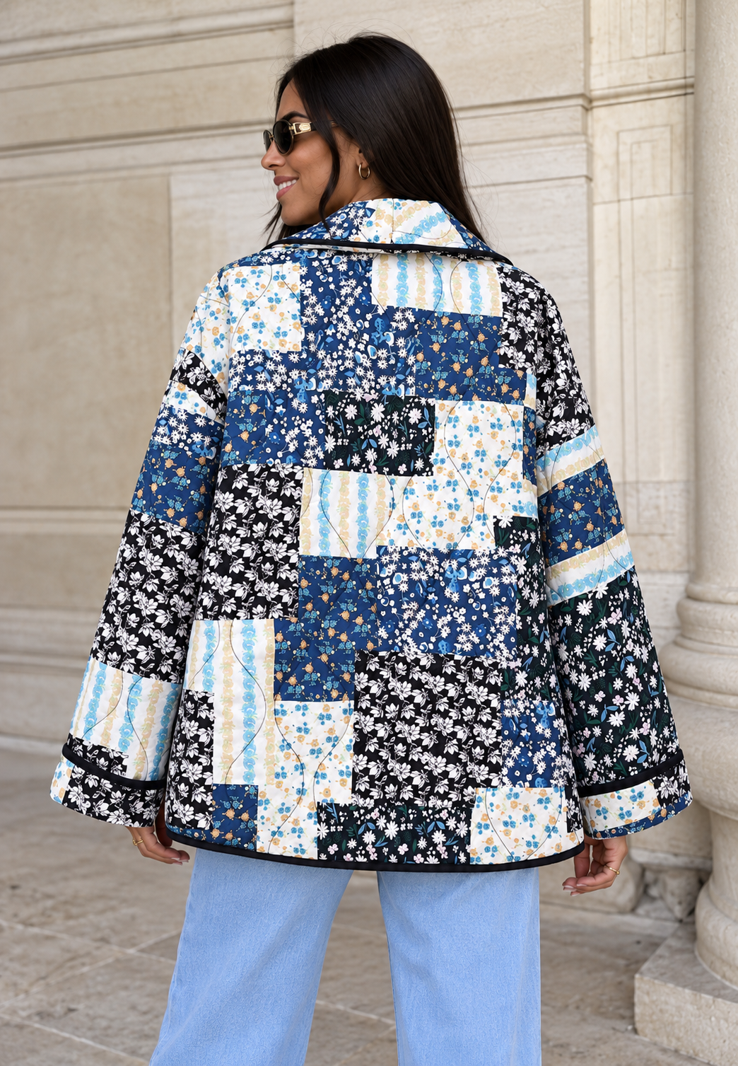 Veste matelassée femme carreaux floraux larges revers - Irmela
