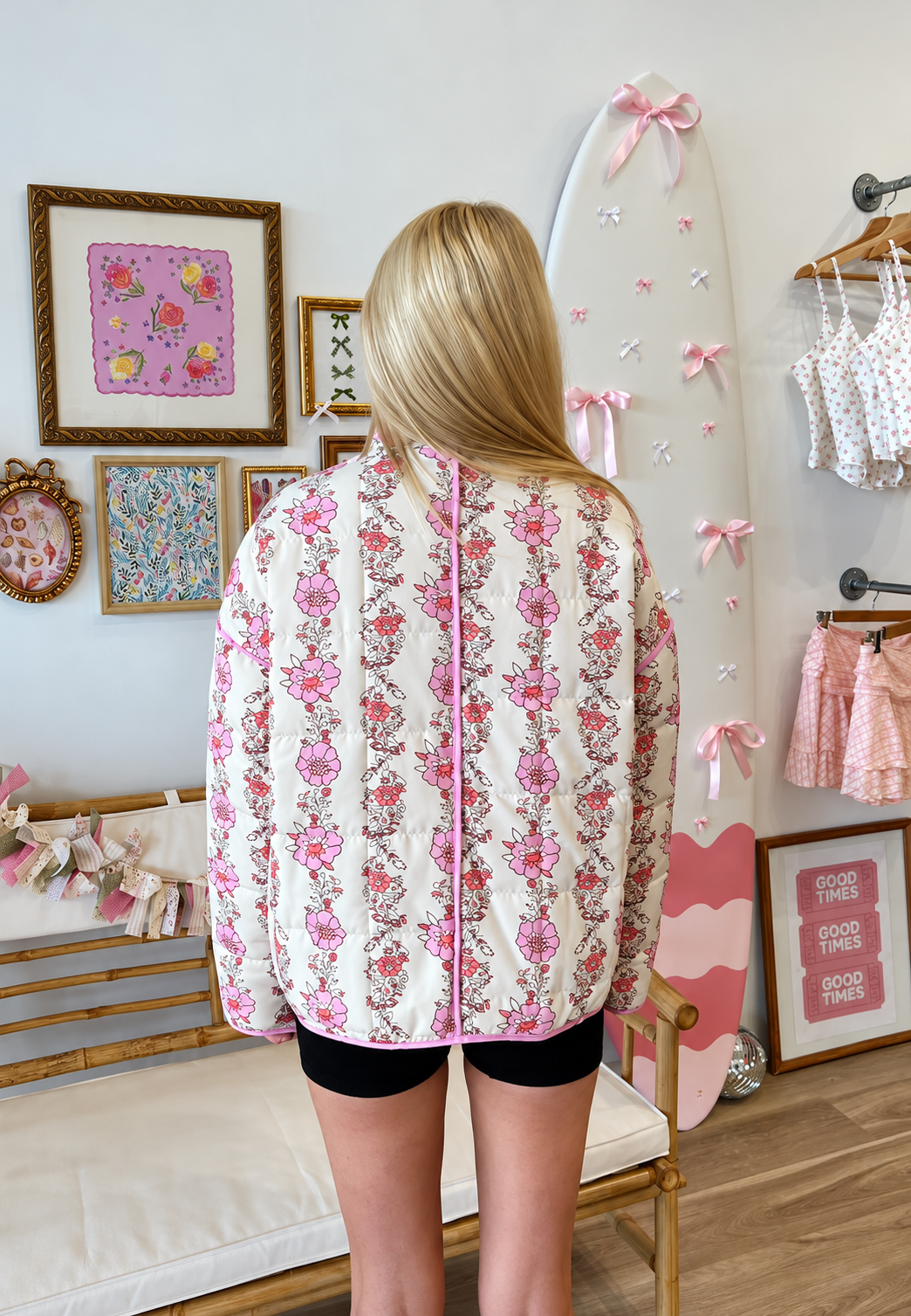 Veste matelassée fleurie femme col montant bordures automne - Ludovica