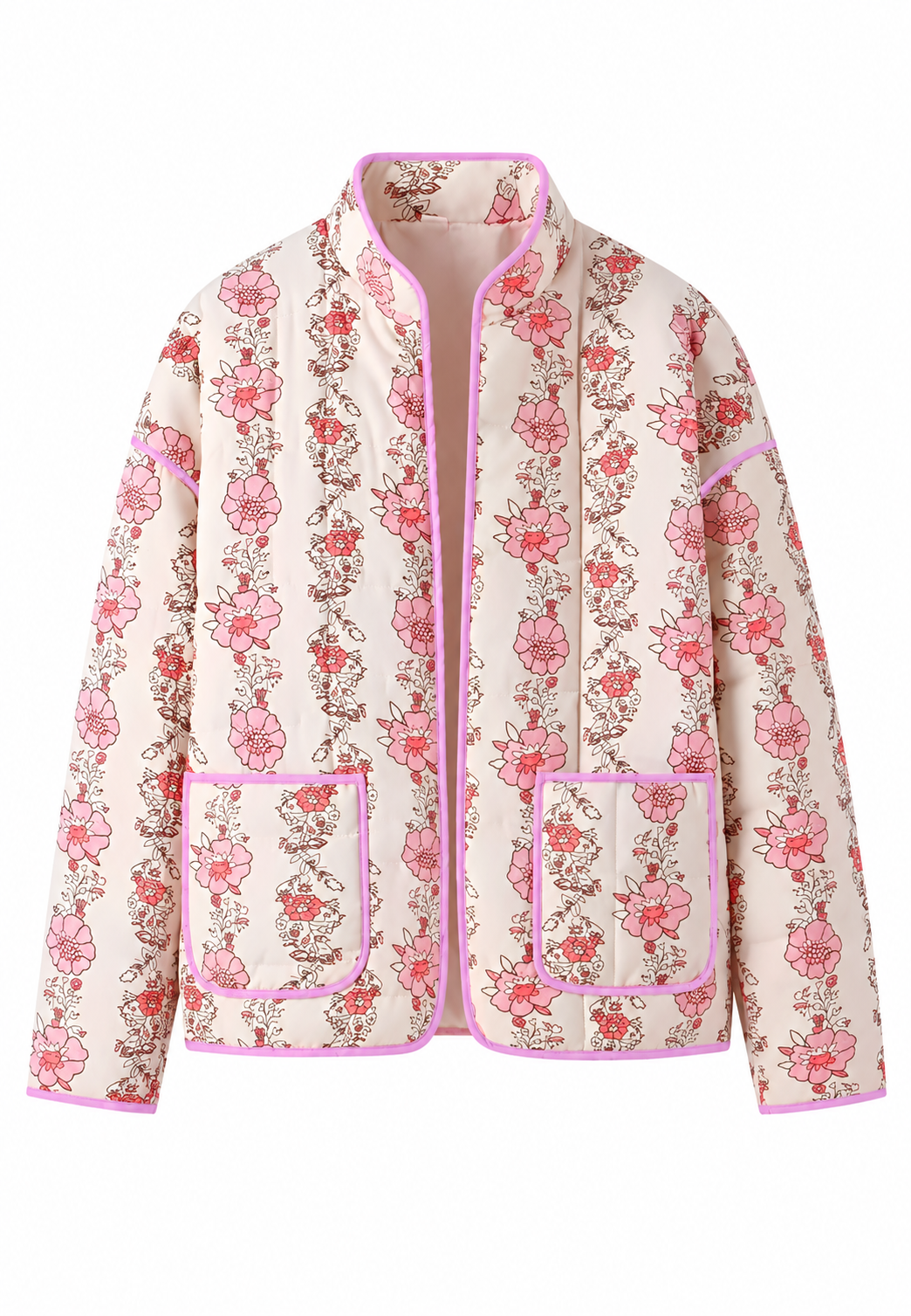Veste matelassée fleurie femme col montant bordures automne - Ludovica