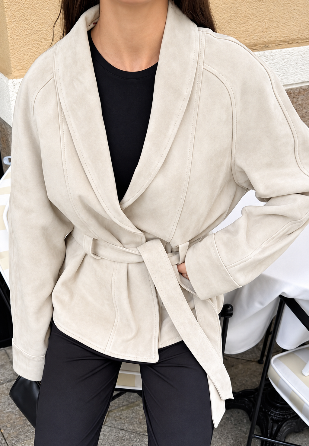 Veste femme effet daim ceinture manches amples automne - Nadia