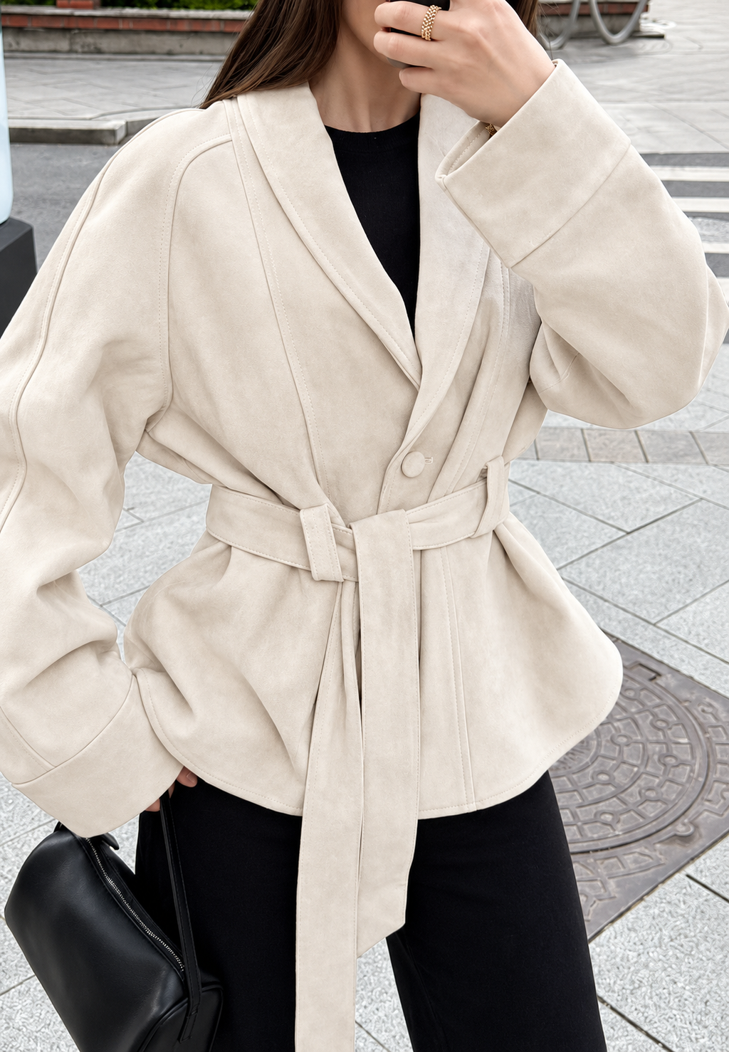 Veste femme effet daim ceinture manches amples automne - Nadia