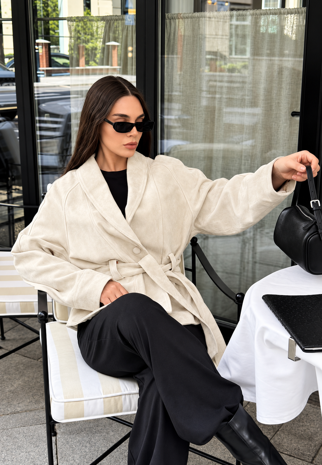 Veste femme effet daim ceinture manches amples automne - Nadia