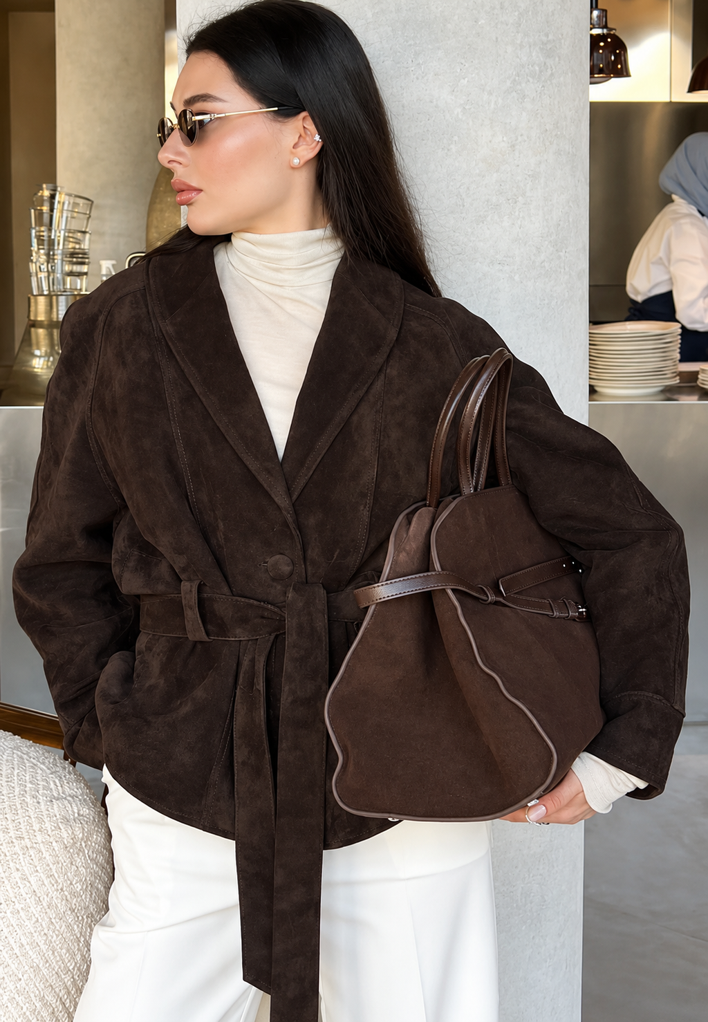 Veste femme effet daim ceinture manches amples automne - Nadia