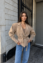 Veste femme effet daim ceinture larges revers fluide - Serena