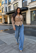 Veste femme effet daim ceinture larges revers fluide - Serena