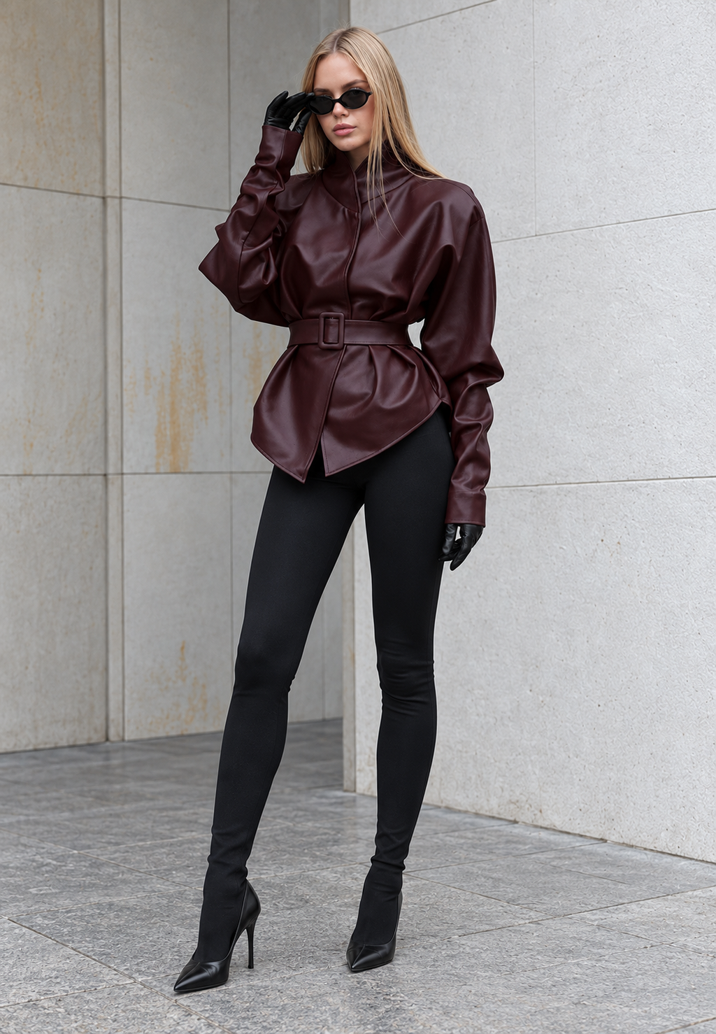 Veste femme effet cuir ceinture ajustable col montant - Doria