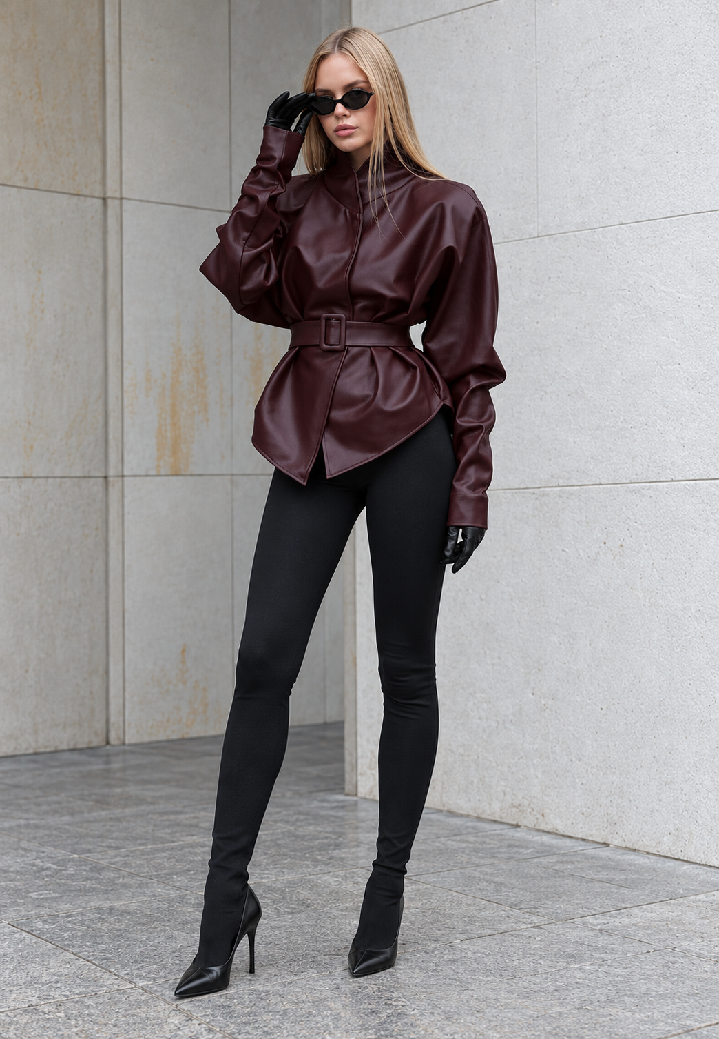 Veste femme effet cuir ceinture ajustable col montant - Doria