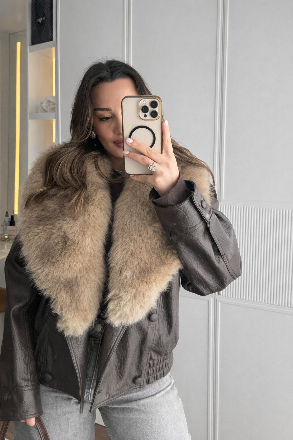 Veste femme effet cuir large col effet fourrure chaude - Nymera