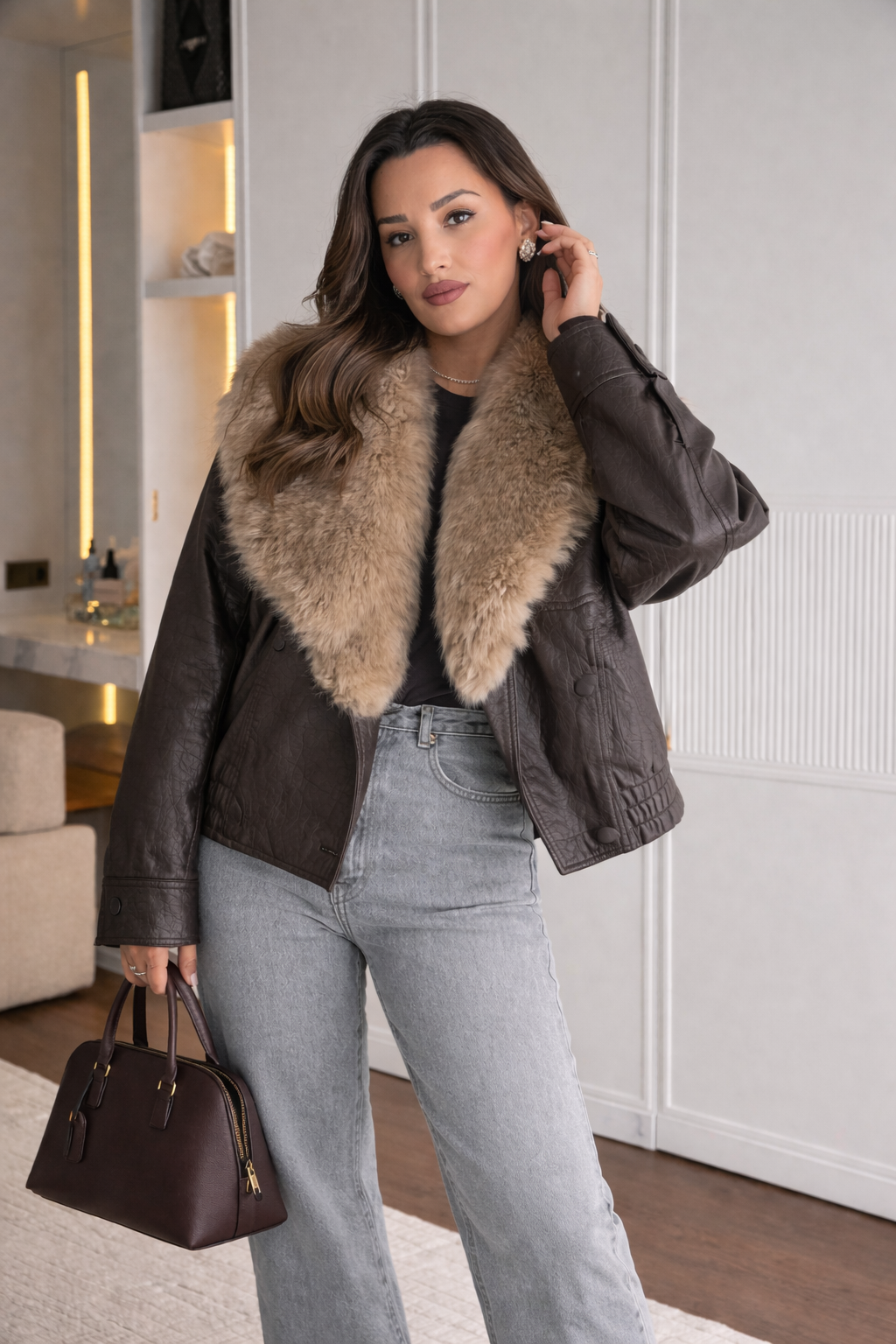 Veste femme effet cuir large col effet fourrure chaude - Nymera