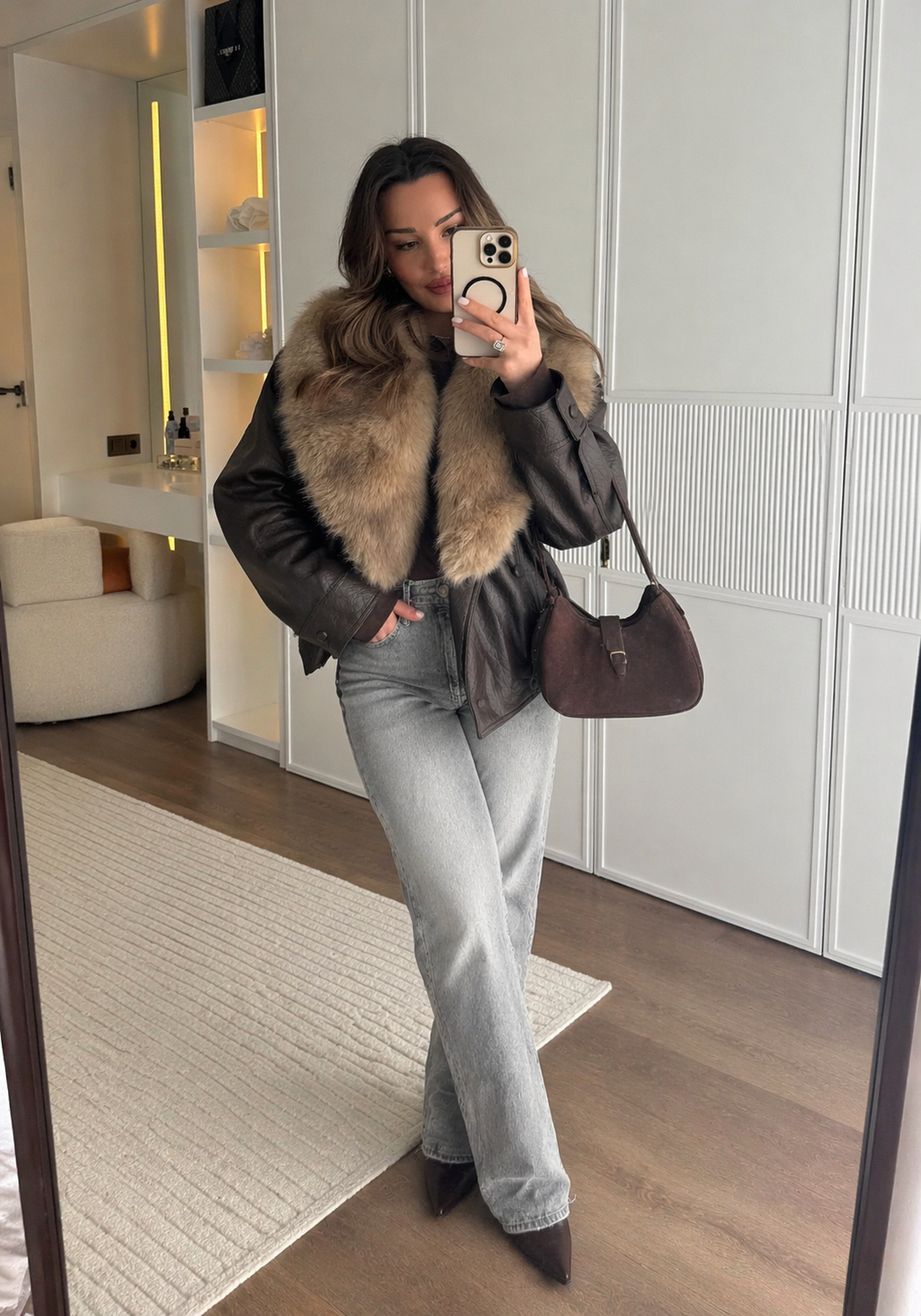 Veste femme effet cuir large col effet fourrure chaude - Nymera