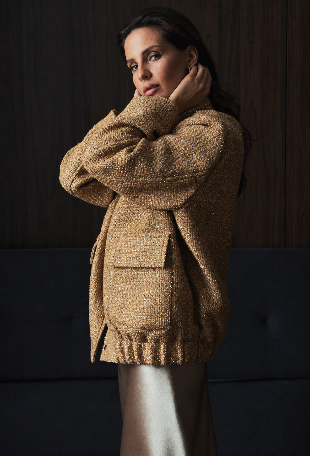 Veste femme effet tweed sequins col rond chic soirée - Mirelle