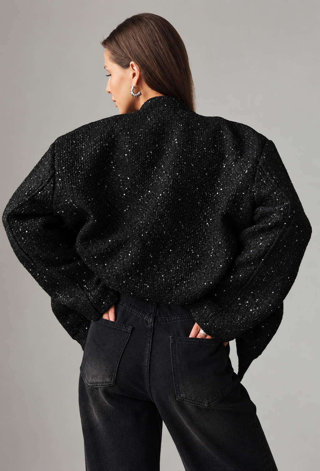 Veste femme effet tweed sequins col rond chic soirée - Mirelle