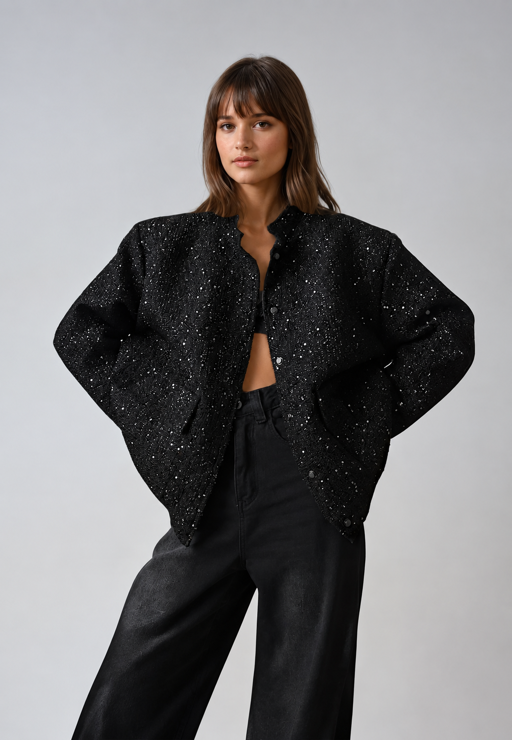 Veste femme effet tweed sequins col rond chic soirée - Mirelle