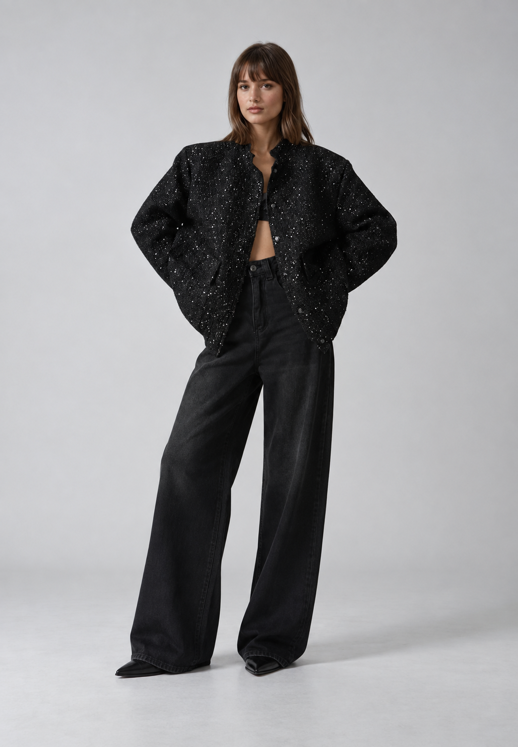 Veste femme effet tweed sequins col rond chic soirée - Mirelle