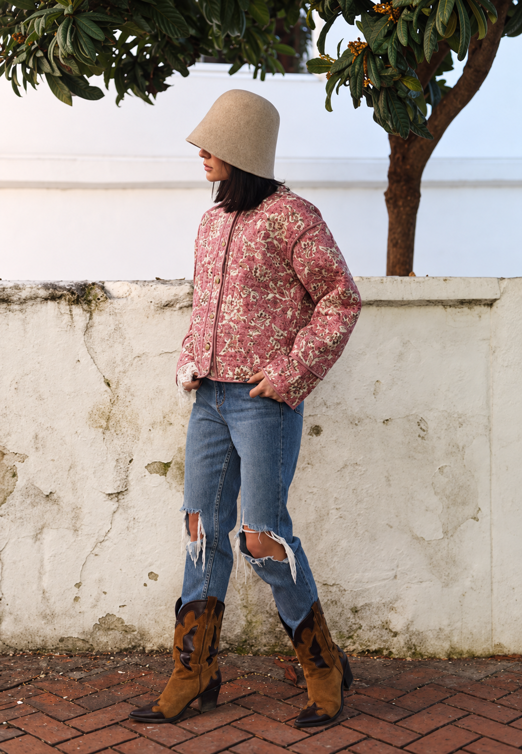 Veste femme imprimé floral matelassage losanges bordures - Orsina