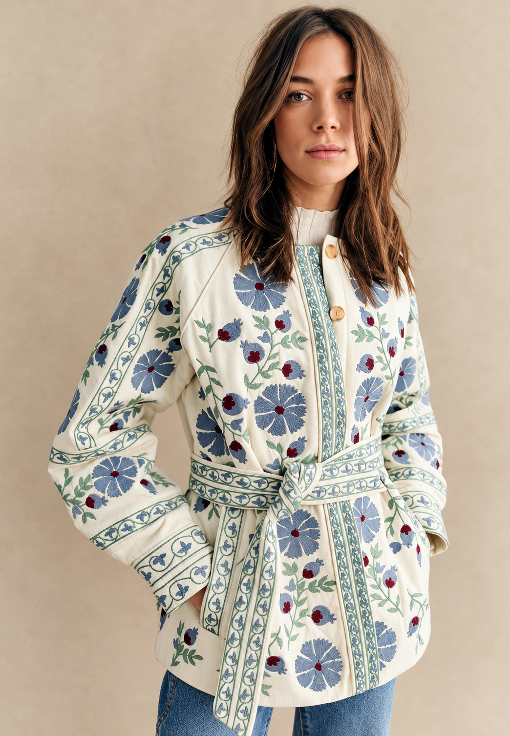 Veste fleurie femme ceinture ajustable manches longues - Jette