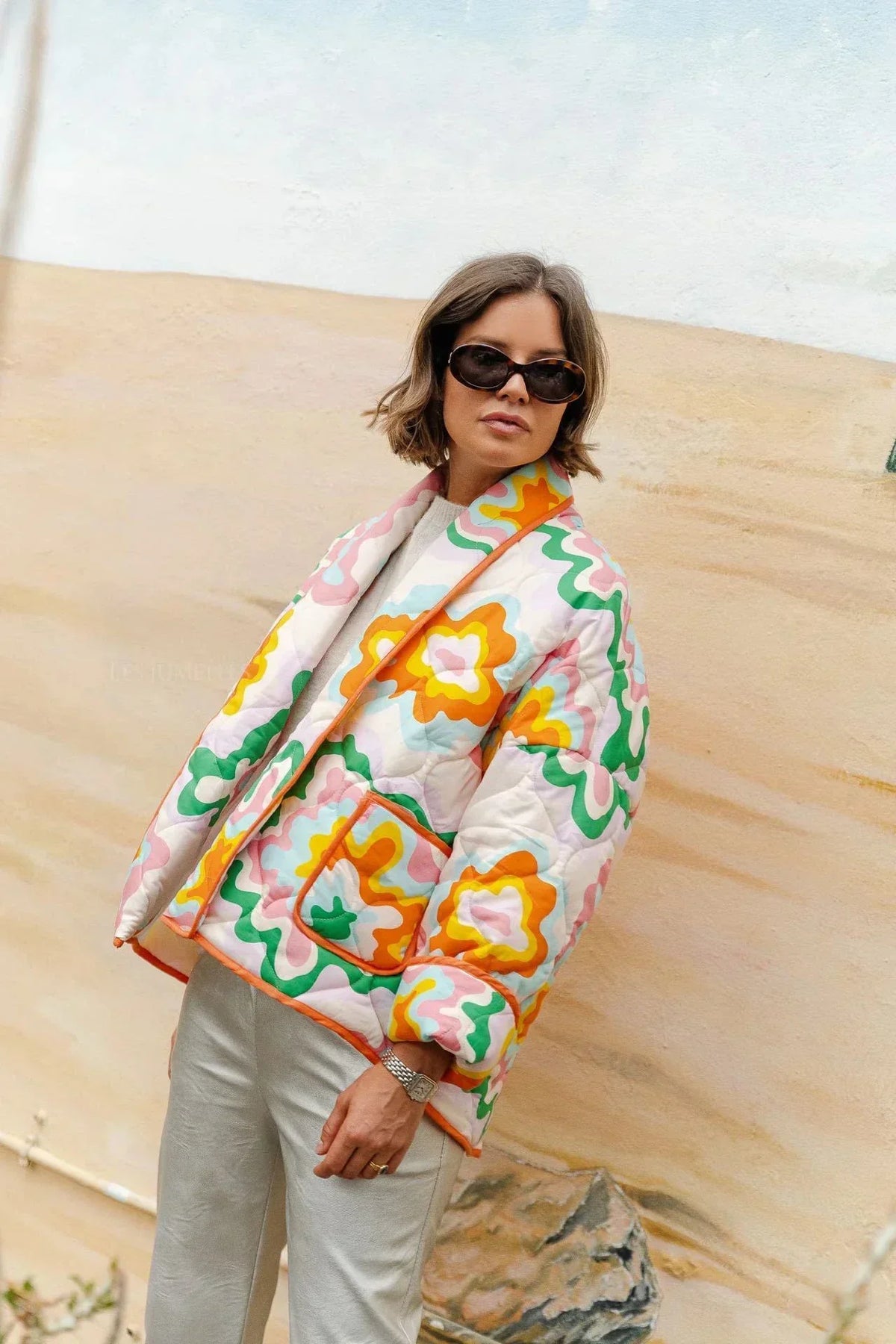 Veste femme grandes fleurs matelassage losanges style bohème - Mirthe
