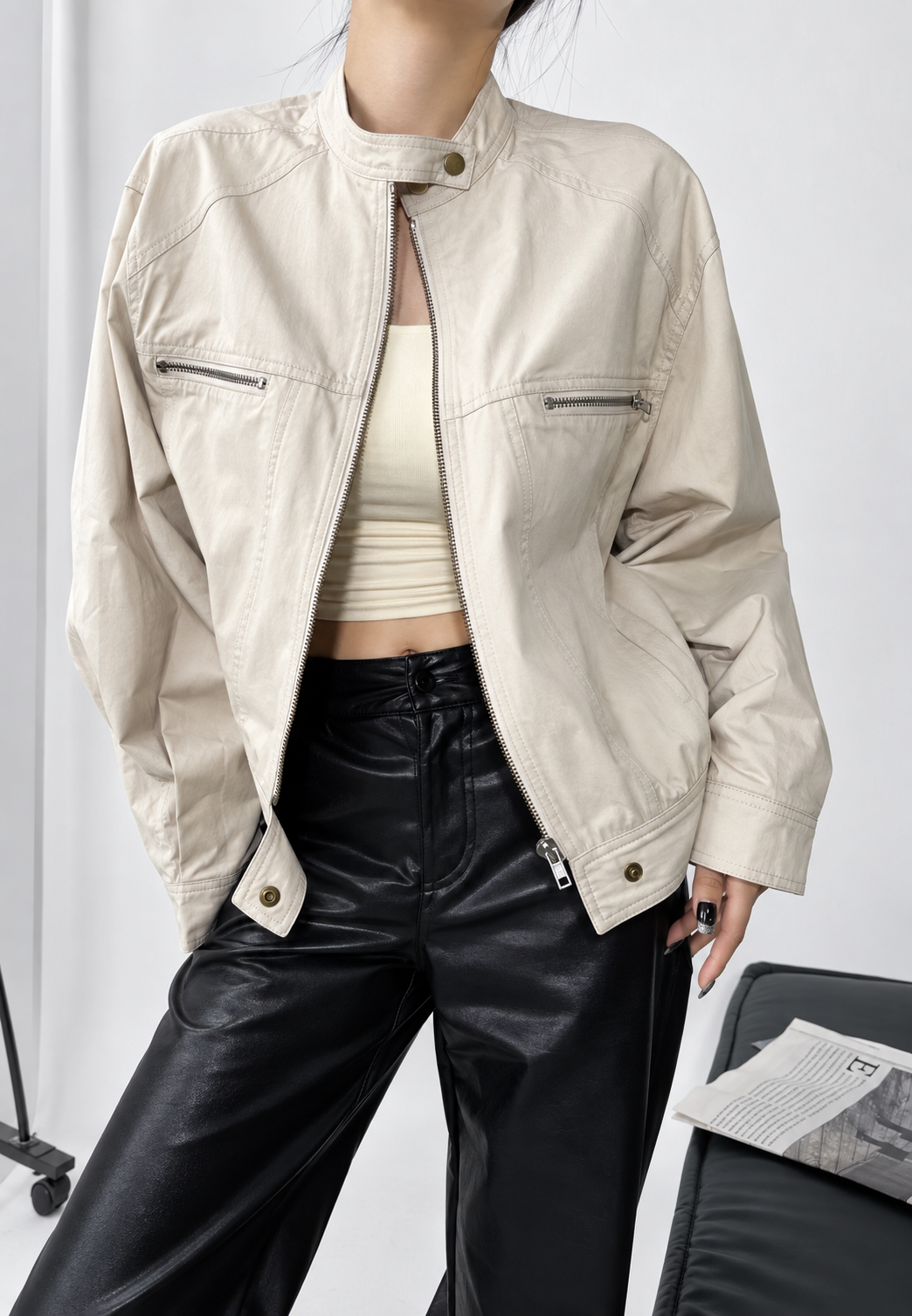 Veste femme oversize col montant zip poignets boutonnés - Nerina
