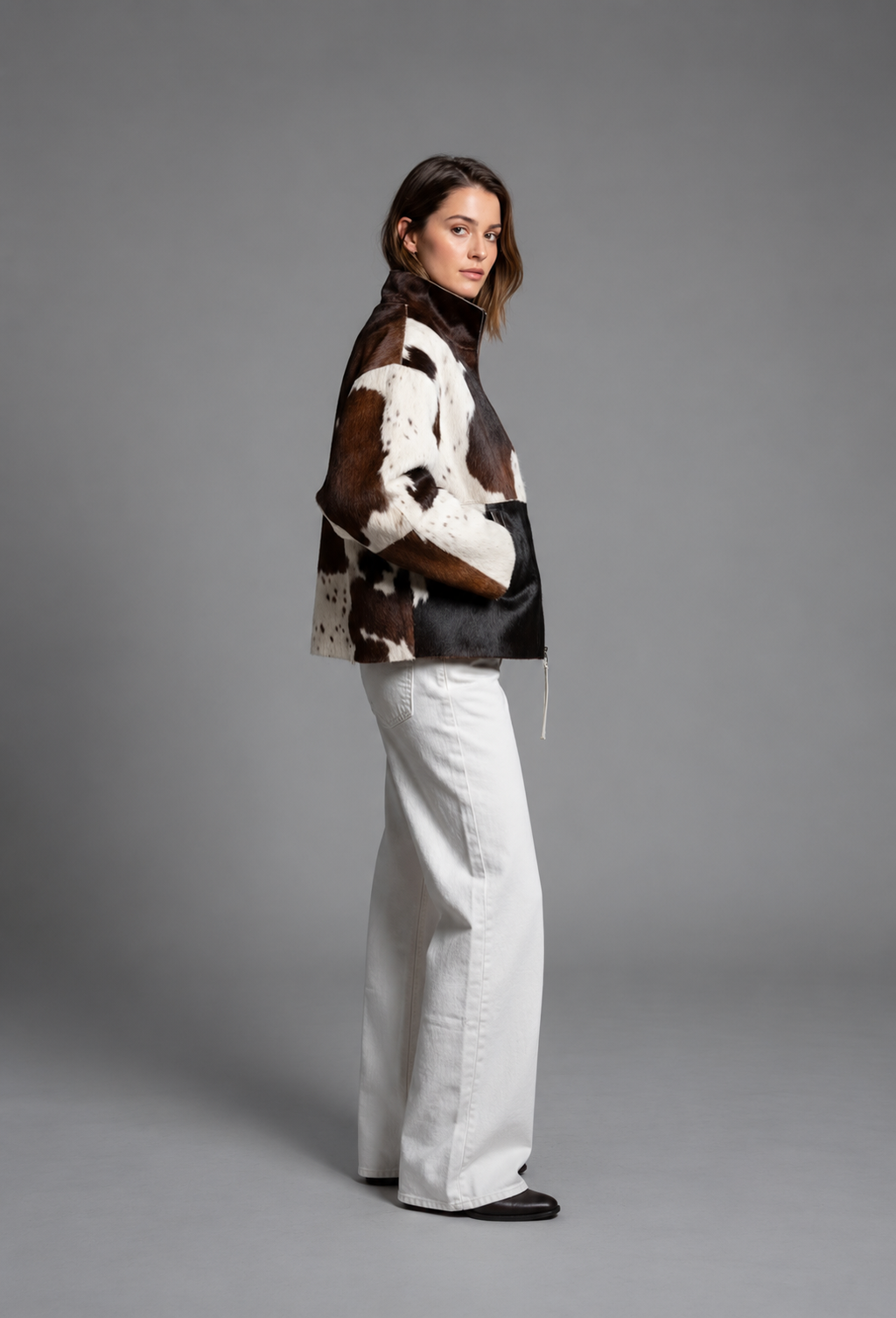 Veste femme fausse fourrure motif vache col montant hiver - Gesine