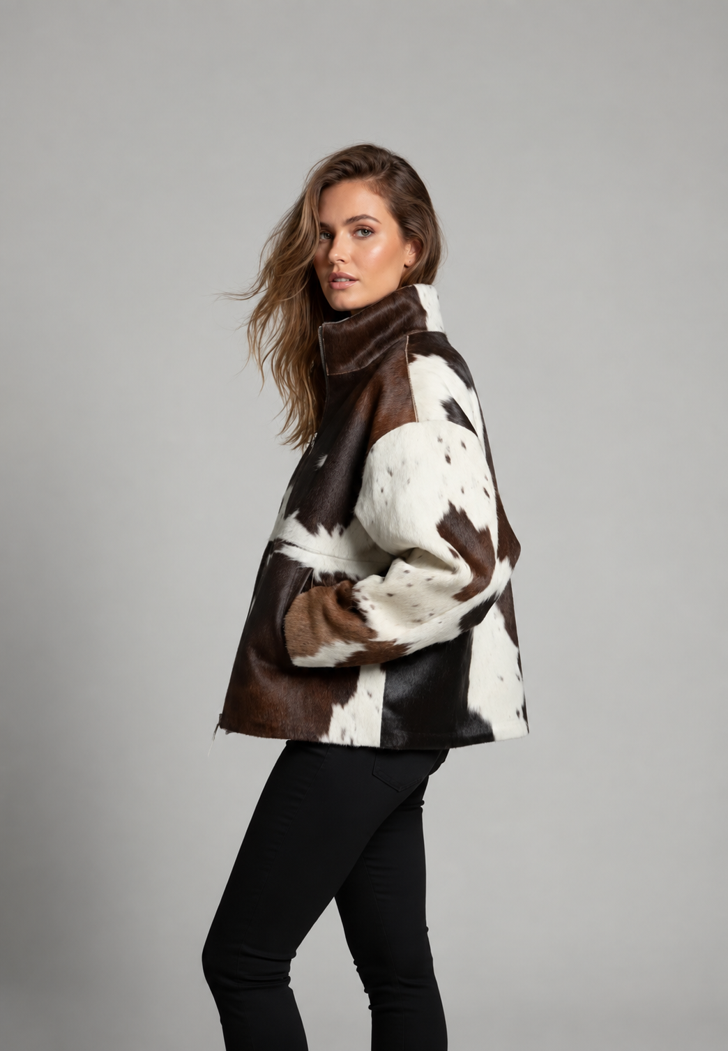 Veste femme fausse fourrure motif vache col montant hiver - Gesine