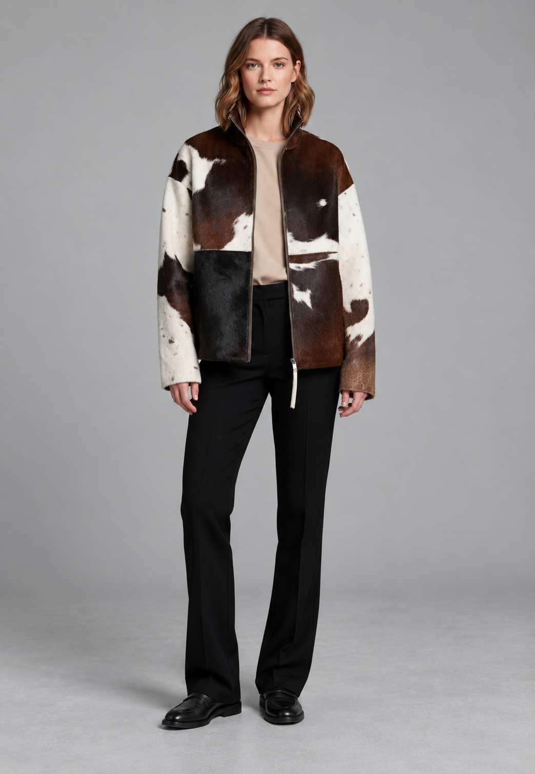 Veste femme fausse fourrure motif vache col montant hiver - Gesine