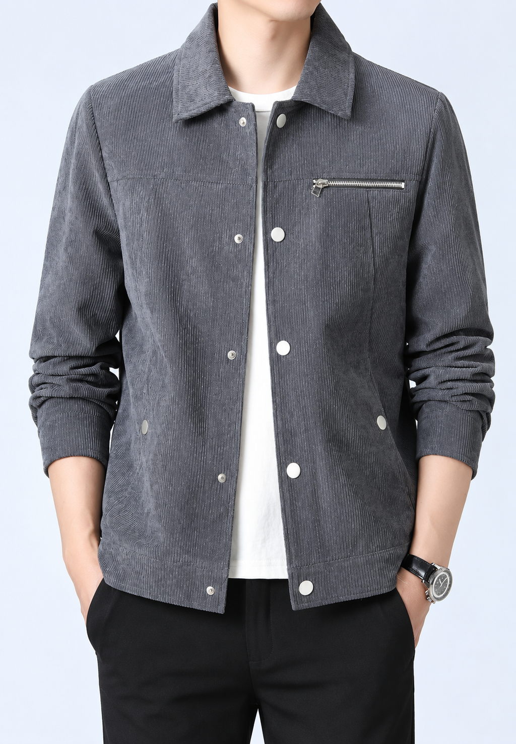 Veste velours côtelé homme col chemise poche poitrine fermeture éclair - Amaury