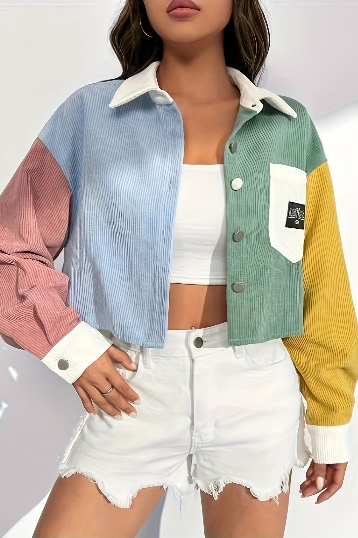 Veste velours côtelé femme motifs colorés col contrasté poche - Uma