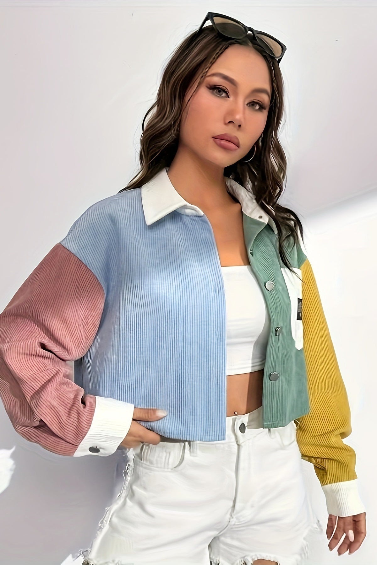 Veste velours côtelé femme motifs colorés col contrasté poche - Uma