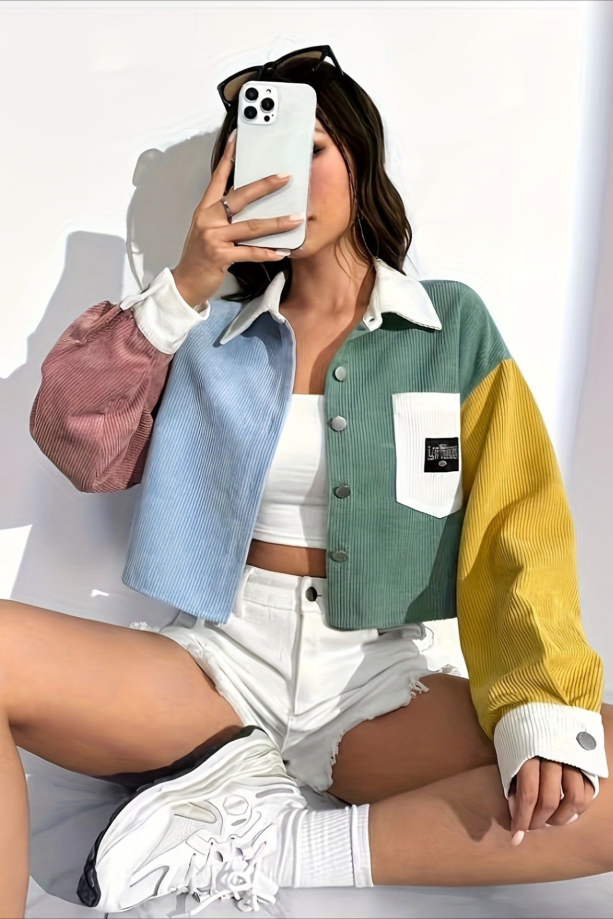 Veste velours côtelé femme motifs colorés col contrasté poche - Uma