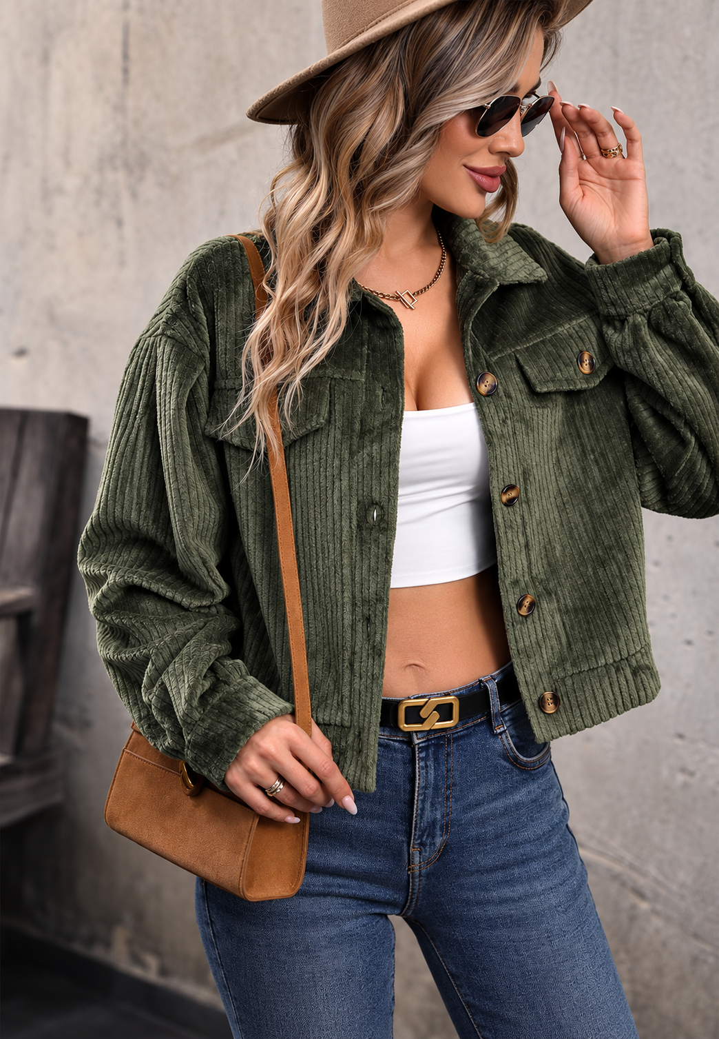 Veste courte velours côtelé femme col chemise poches à rabat - Clémence