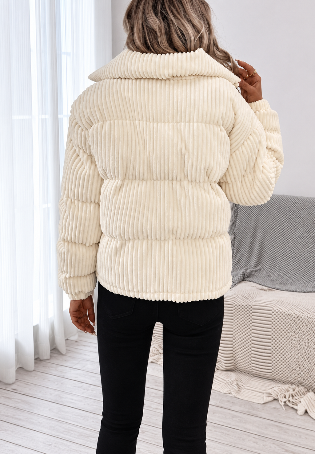 Veste velours côtelé femme col montant fermeture éclair poches latérales - Eline