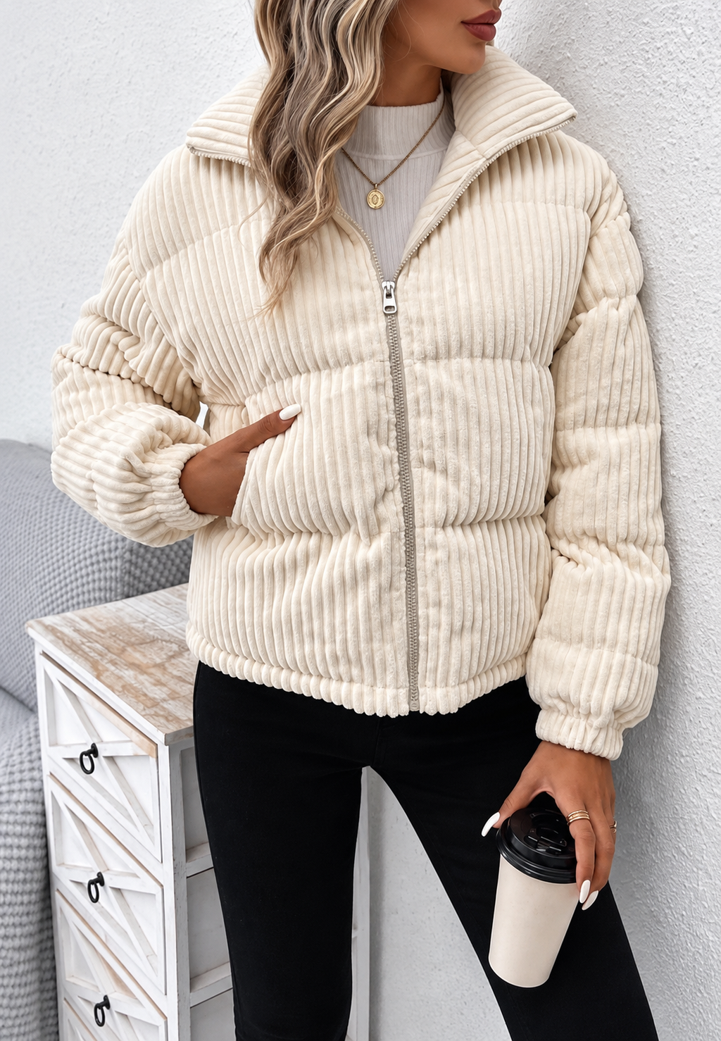 Veste velours côtelé femme col montant fermeture éclair poches latérales - Eline