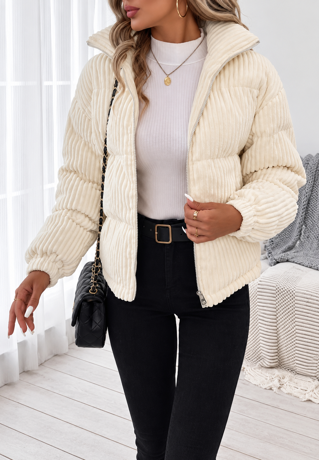 Veste velours côtelé femme col montant fermeture éclair poches latérales - Eline
