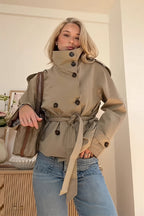 Trench court femme col montant double boutonnage ceinturé - Nora