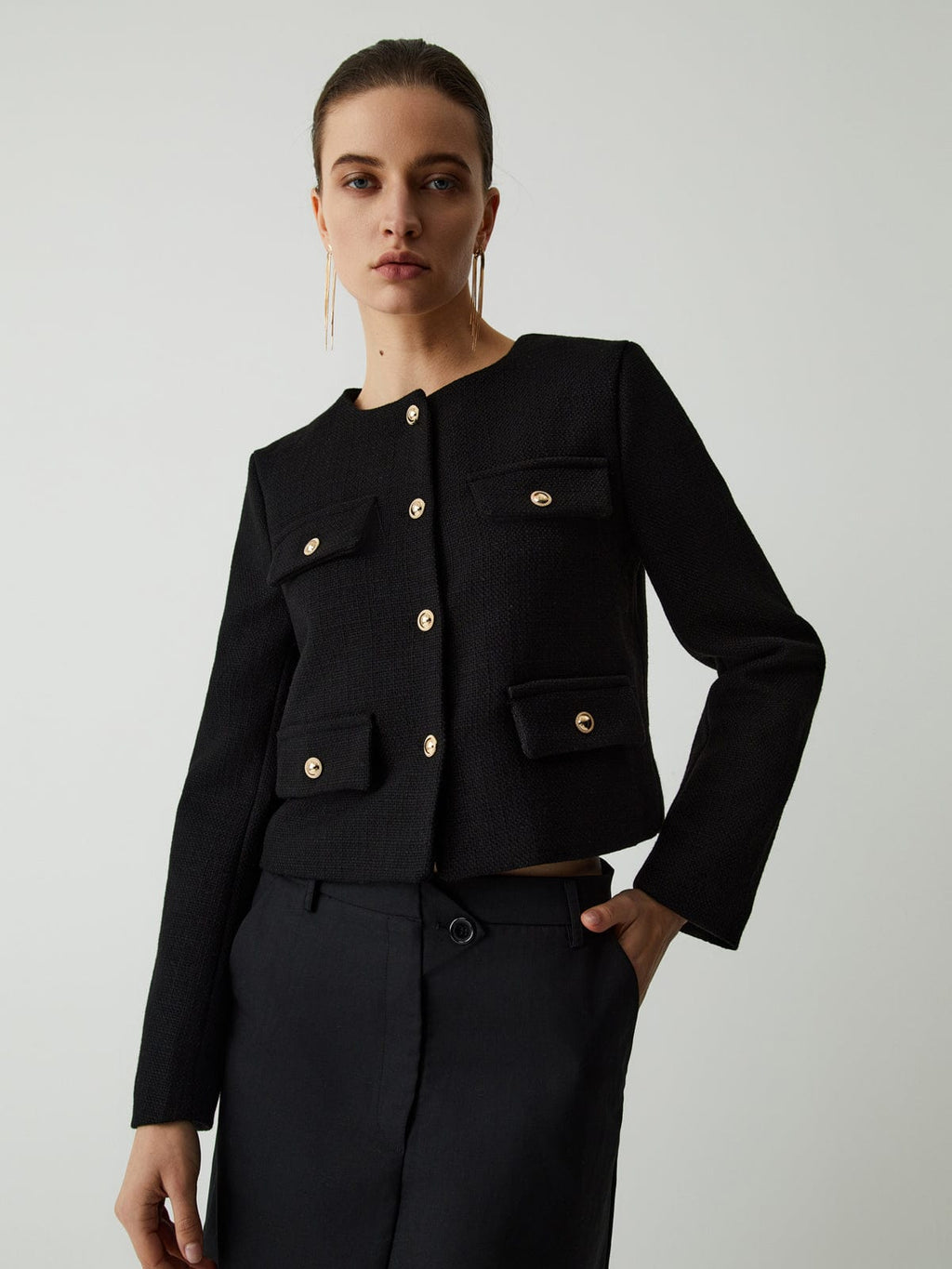 Veste courte femme tweed boutons dorés col rond chic - Miriam