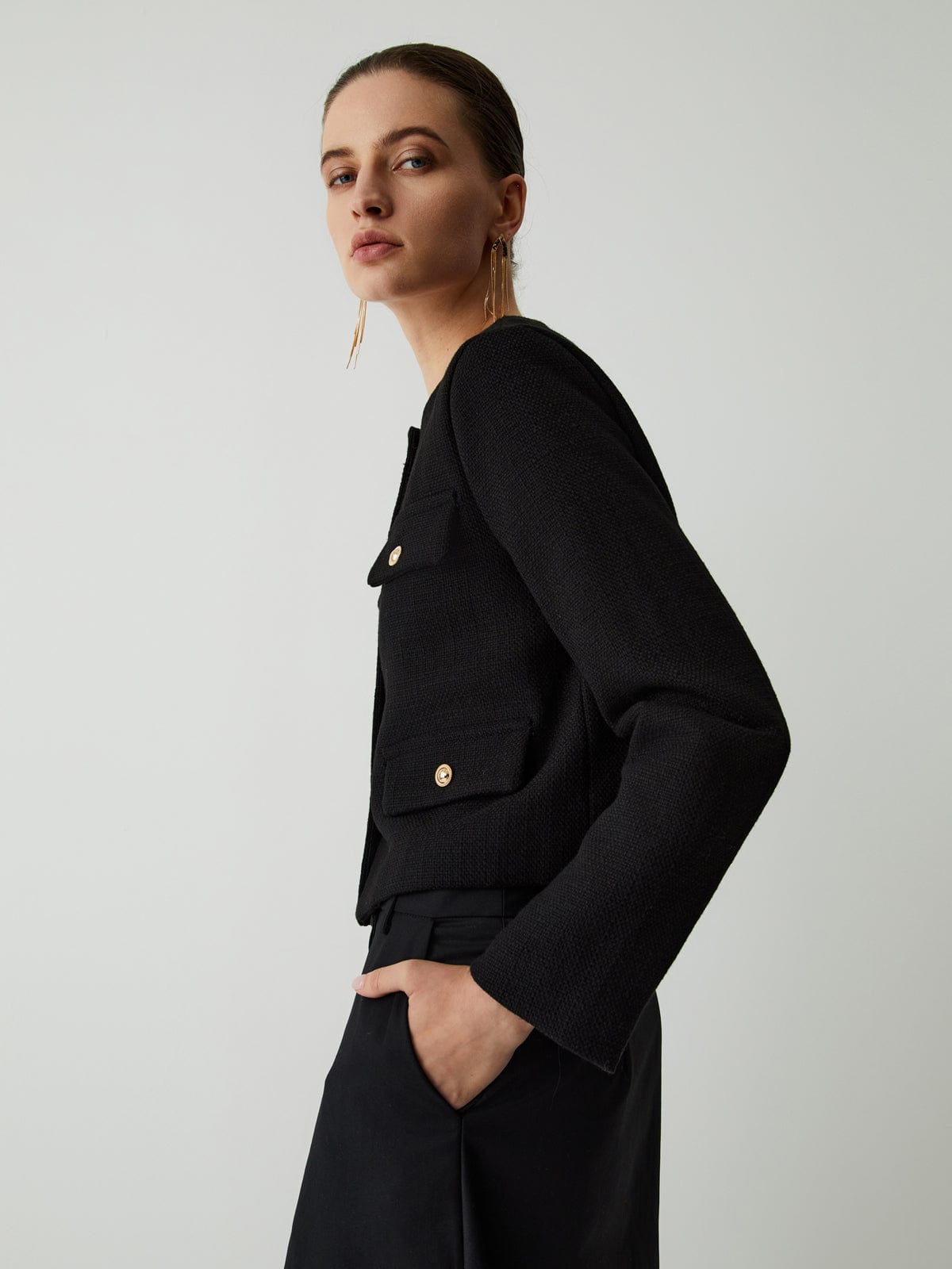 Veste courte femme tweed boutons dorés col rond chic - Miriam