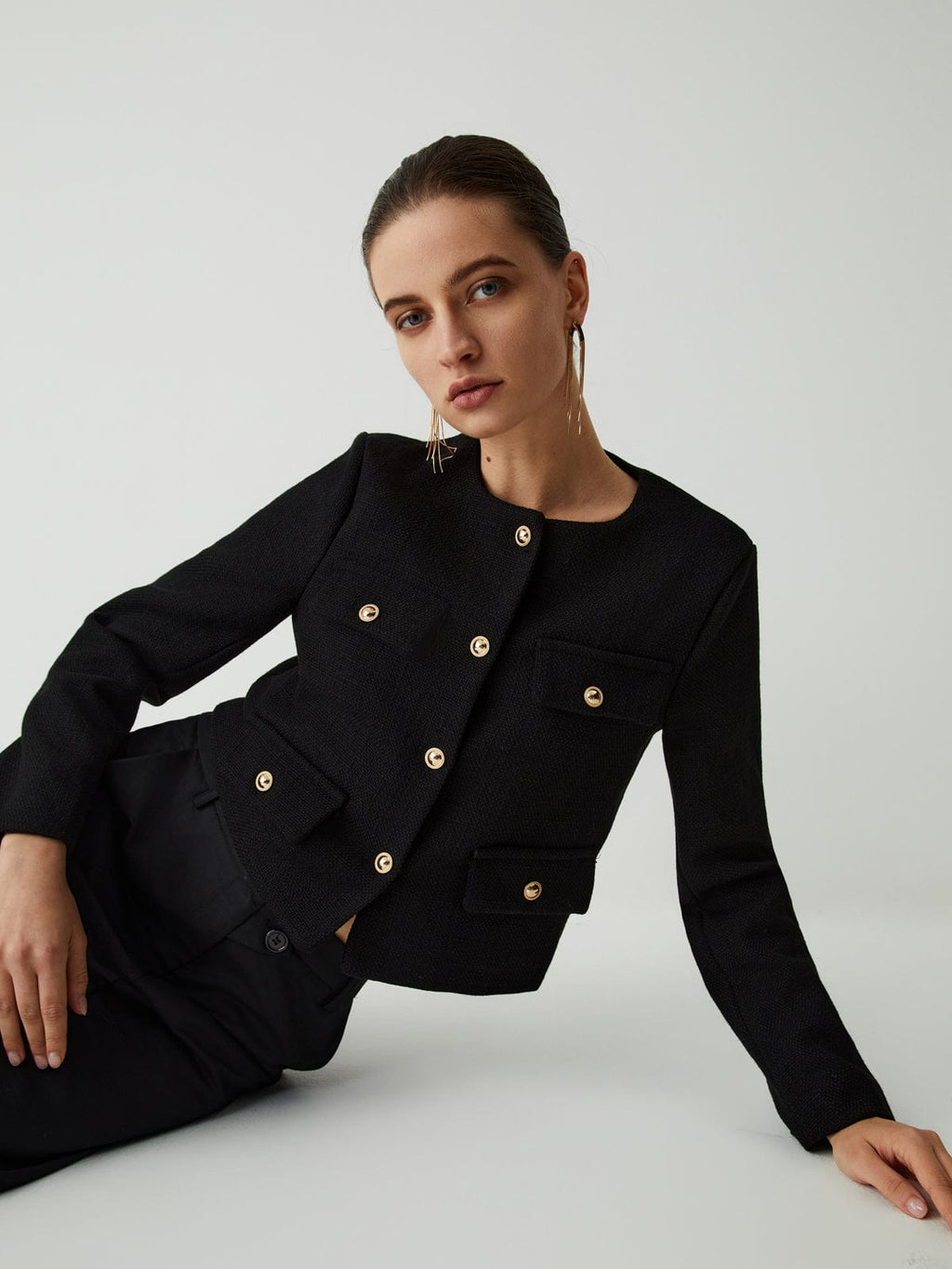 Veste courte femme tweed boutons dorés col rond chic - Miriam