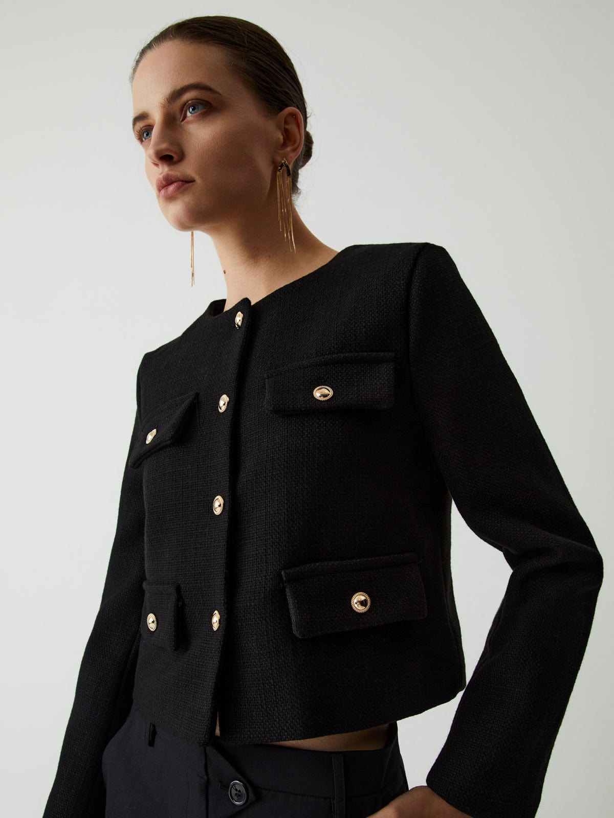 Veste courte femme tweed boutons dorés col rond chic - Miriam