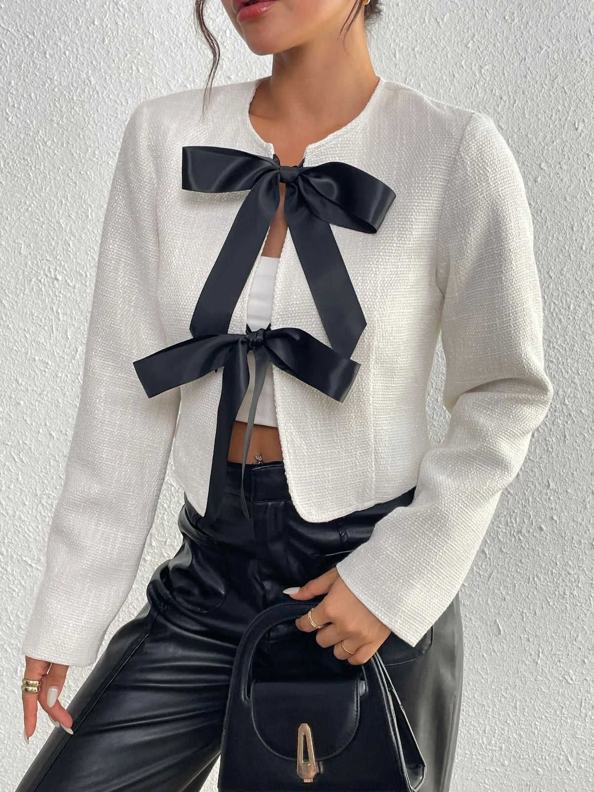 Veste courte femme tweed nœuds satin chic élégante - Silke