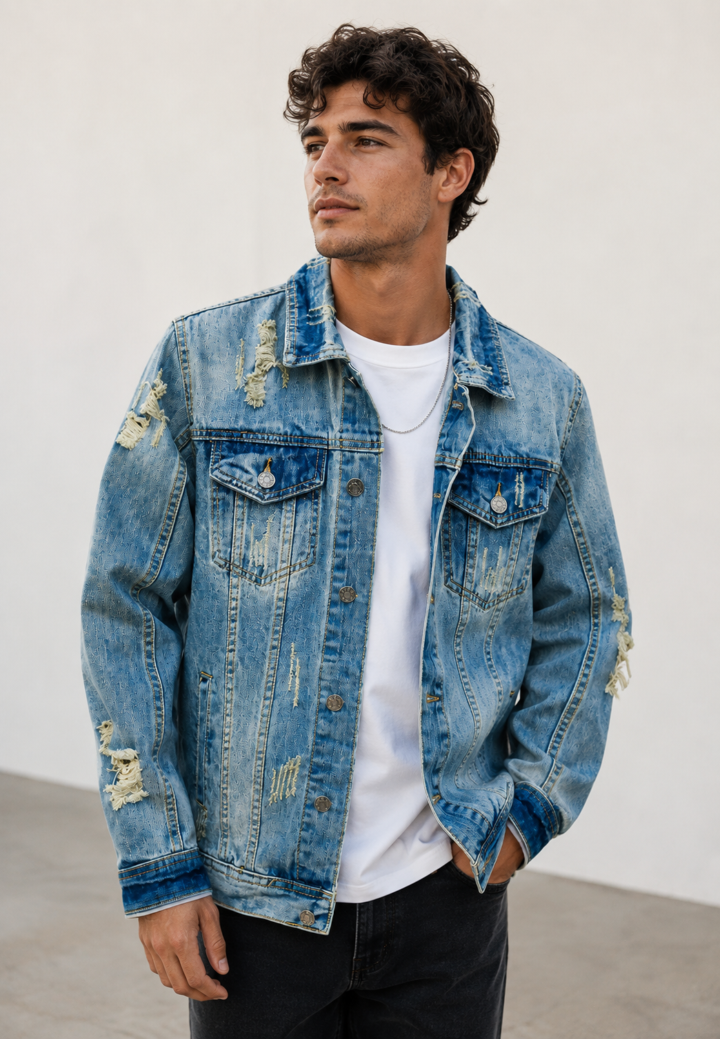 Veste jean homme coupe slim déchirée effet délavé destroy - Levon