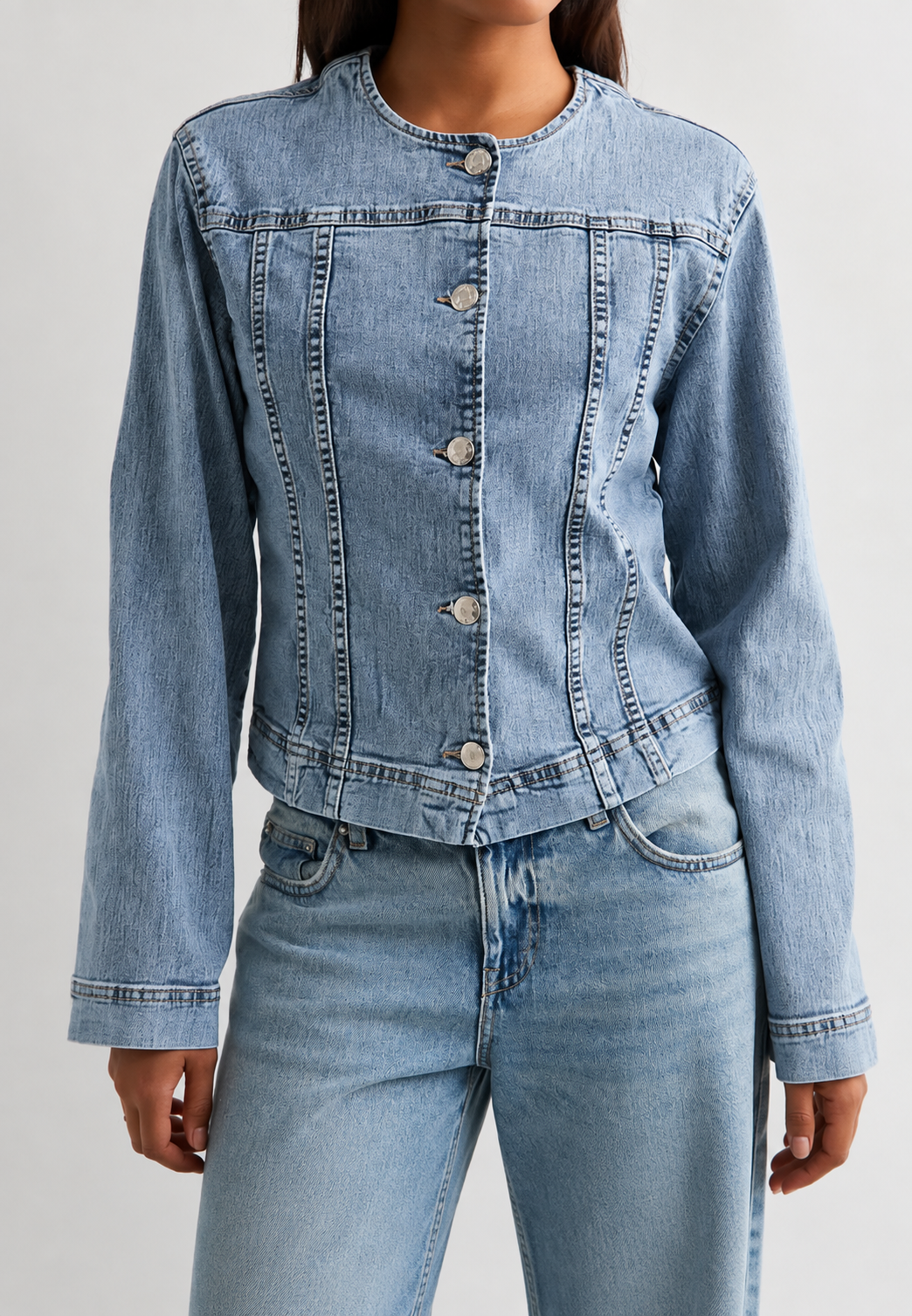 Veste jean femme ajustée col rond denim cintré chic - Sigrid
