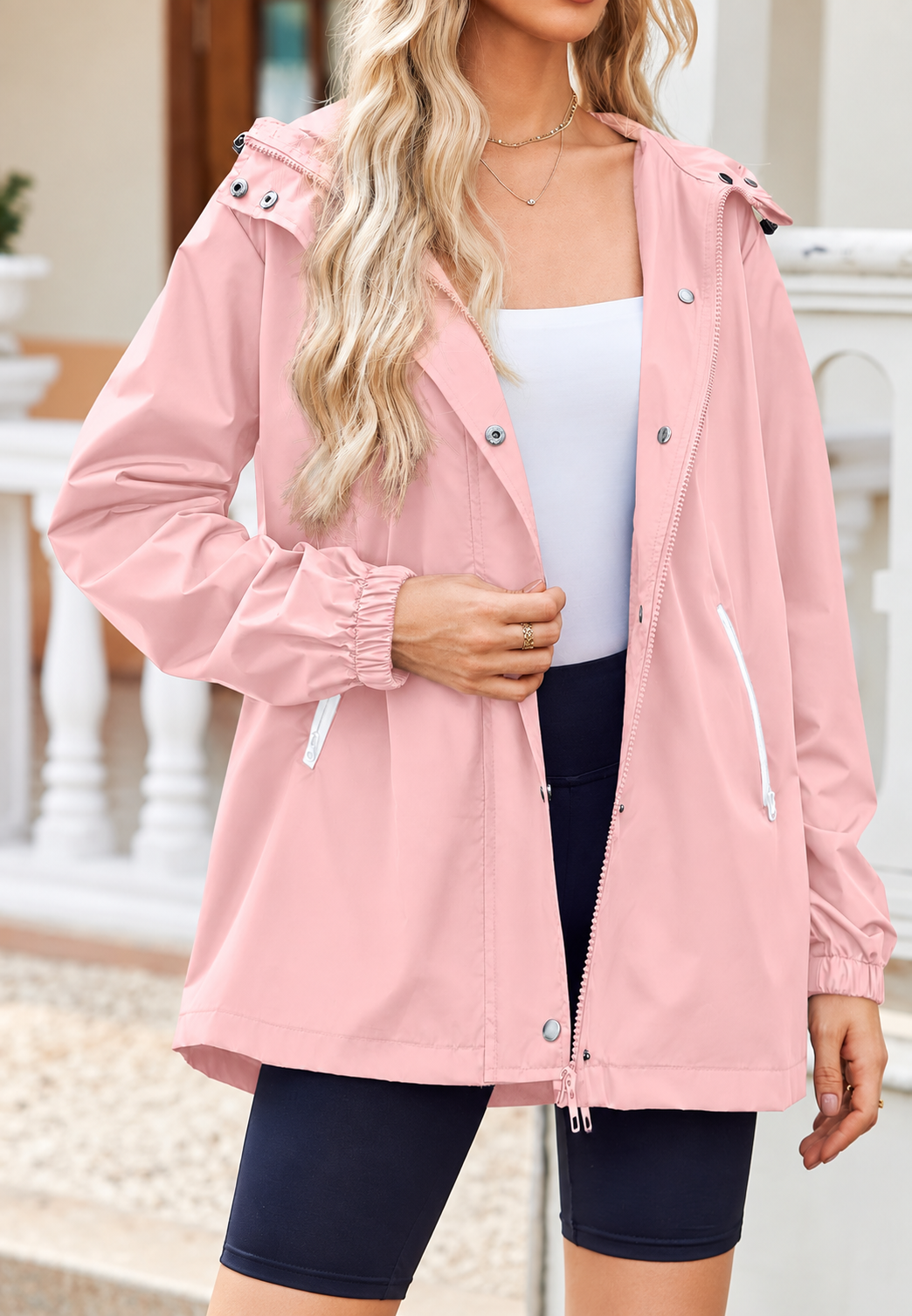 Chubasquero impermeable mujer capucha bolsillos cremallera recto lluvia ligero - Verena