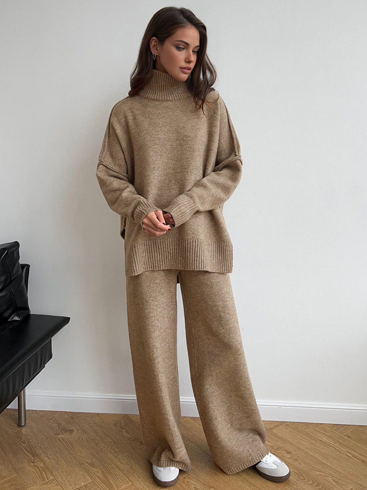 Ensemble maille femme pull col roulé pantalon large coordonné - Elske