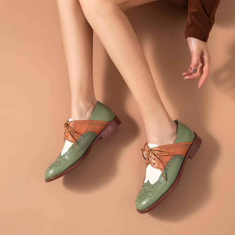 Chaussures oxford femme bicolores talon bas perforations décoratives - Milany