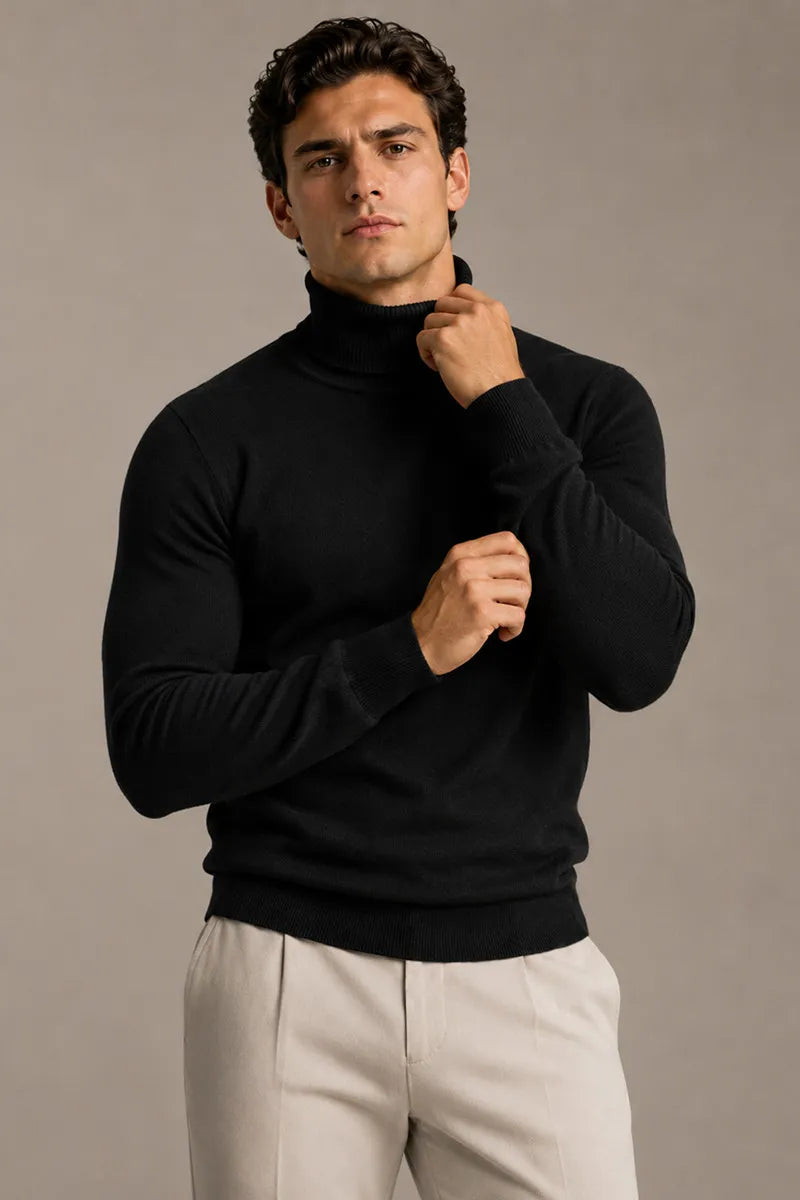 Pull homme col roulé coupe ajustée maille unie slim - Caspar