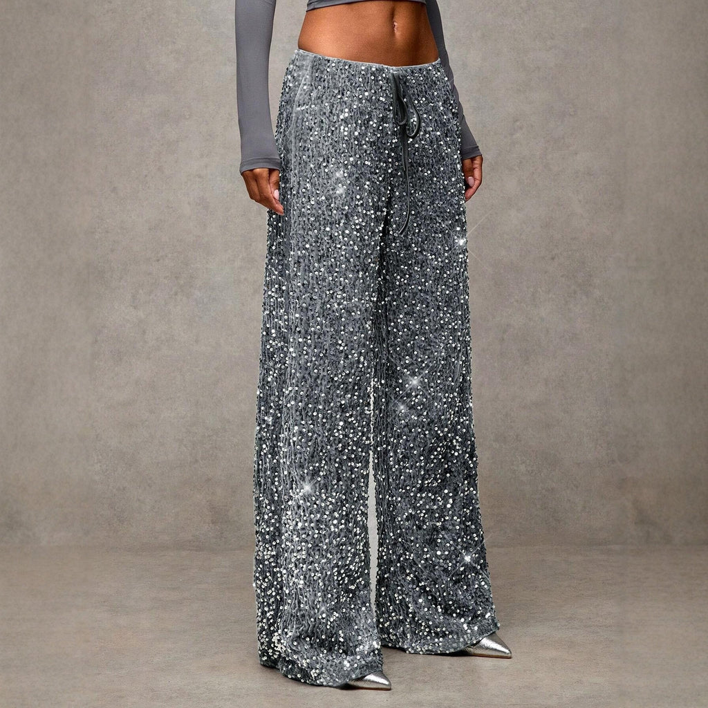 Pantalon en tissu à effet pailleté avec coupe large et drapé fluide pour femmes - Lyrane