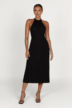 Robe midi plissée col licou dos nu - Dalila