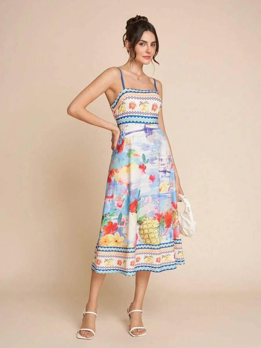 Robe midi femme encolure droite motif fleuri saison estivale - Mirela